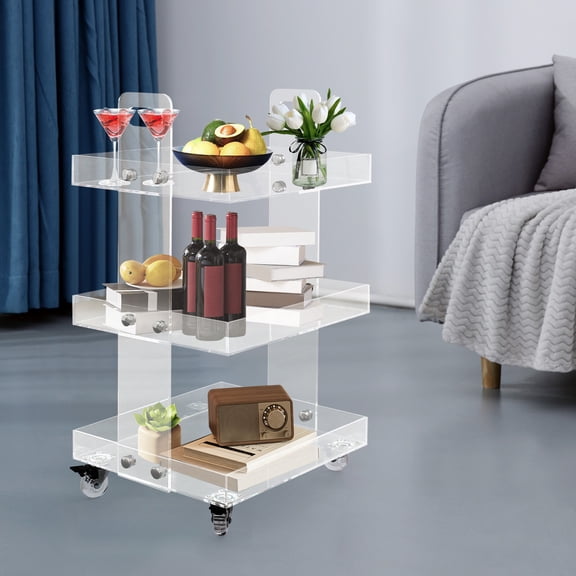 3-Tier Acrylic Utility Rolling Cart, Clear Serving Cart with Wheels, Multifunction Acrylic End Table Side Table for Bedroom, Bathroom, Living Room