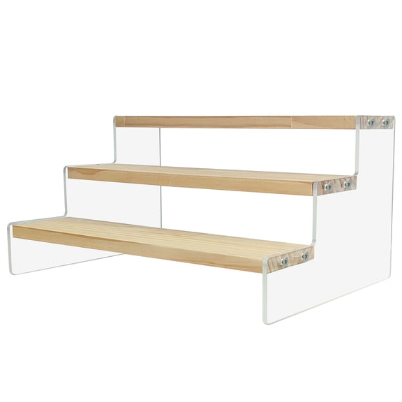 3-Tier Wood Display Stand, Wood and Acrylic Display Riser Shelf, Clear Acrylic Riser with Wooden Shelf for Action Figures Perfume Makeup Cupcake Counter Display
