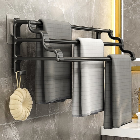 3-Tier Adhesive Towel Rack Wall Mounted, Ladder Style Bath Towel Bar with Hooks for Robes, No Drill Stainless Steel Towel Shelf for Bathroom Tile Glass Metal Surfaces