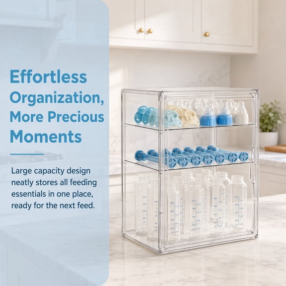 3-Tier Adjustable Clear Acrylic Baby Bottle Storage Organizer with Magnetic Door and 2 Removable Dividers, Large Countertop & Cabinet Container