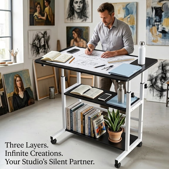 3-Tier Adjustable Drafting Table with Storage Shelves, Multifunctional Art Craft Workstation for Drawing Painting Sketching Design and Home Office Study