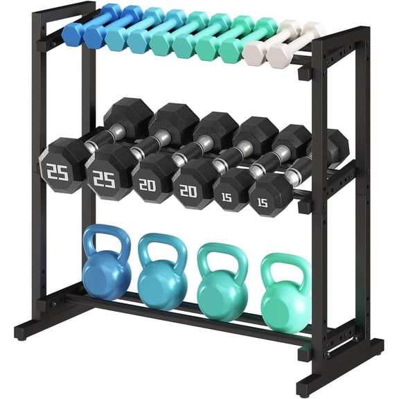 3 Tier Adjustable Dumbbell Rack, 33.6-Inch Weight Rack for Home Gym, Extended Base kettlebell holder for Home Gym, Space-Saving Dumbbell Stand - 900LBS Capacity (Rack Only)