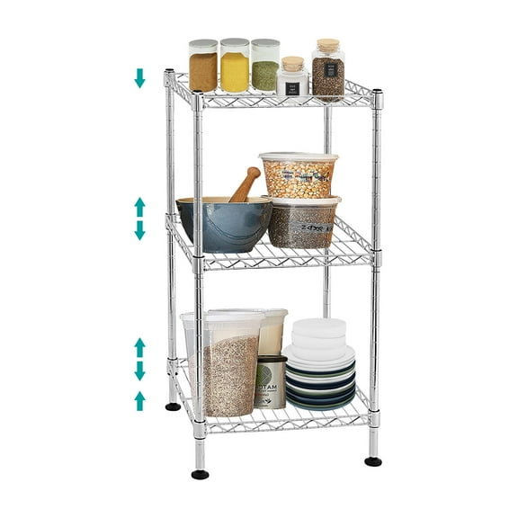 3-Tier Adjustable Shelving Unit, Metal Wire Rack with Leveling Feet, Standing Storage Shelf for Laundry, Bathroom, Kitchen, Pantry, Closet (12"D x 12"W x 23.5"H, Chrome)