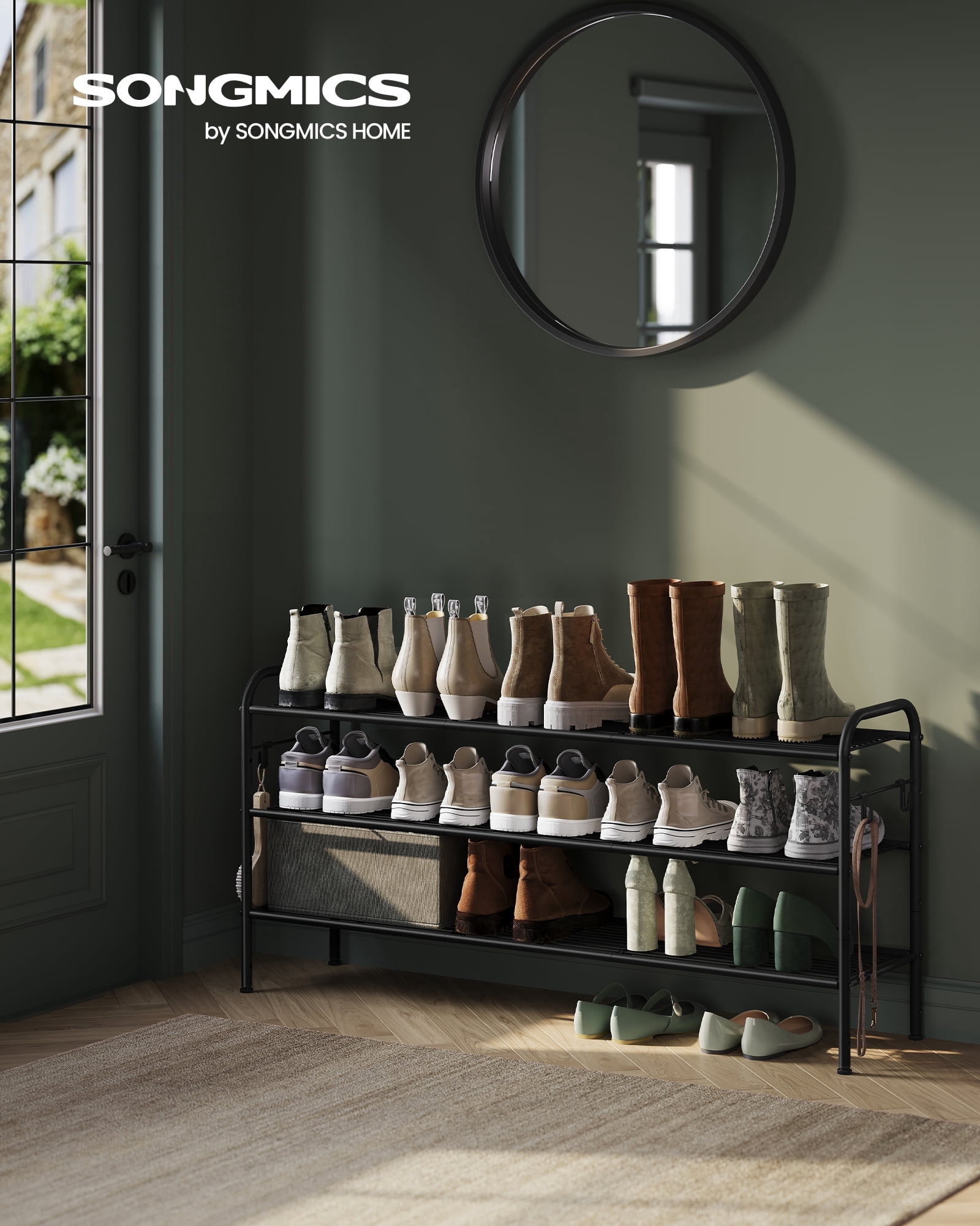 Side Way Shoe Rack 3-Tier Adjustable Shoe Rack with Side Hooks - Holds 18 Pairs, Height ...