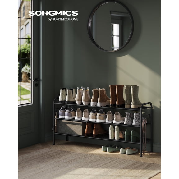 3-Tier Adjustable Shoe Rack with Side Hooks - Holds 18 Pairs, Height-Adjustable Shoe Organizer, Ink Black