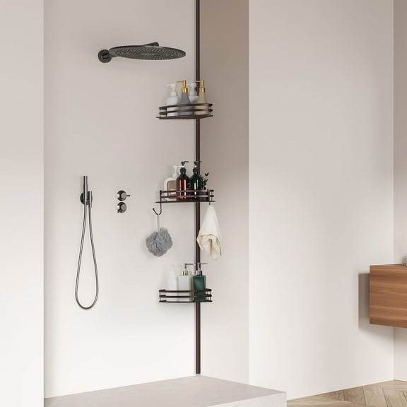 3-Tier Adjustable Shower Caddy Tension Pole - Rustproof Bathroom Corner Organizer with Hooks for Shampoo, Toiletries & Towels