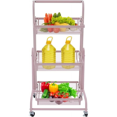 3 Tier Adjustable Storage Carts, Movable Utility Cart, Metal Rolling Cart, Multi-Functional Storage Trolley w/Wheels, Storage Shelves for Kitchen/Bathroom/Bedroom/Office (Pink)