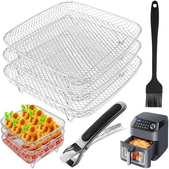 3-Tier Air Fryer Rack with Clip & Brush – 8" Stackable Dehydrator Racks for 4.2–5.8 QT Air Fryers – Stainless Steel Grill Tray
