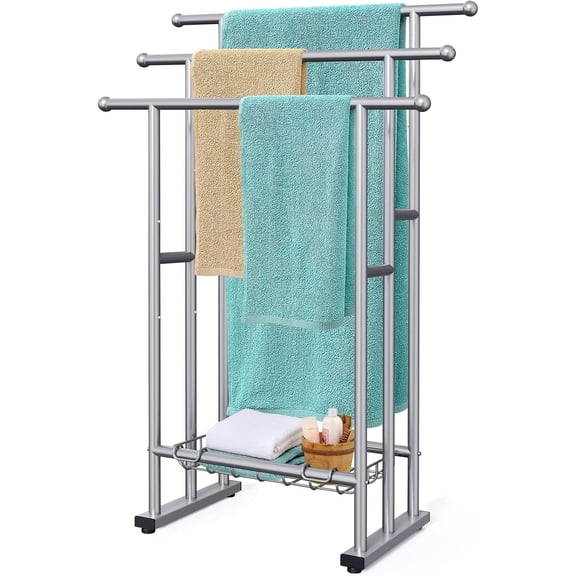 3-Tier Alloy Steel Freestanding Towel Rack with Basket for Oversized Bath Towels, Blanket Drying and Bathroom Display