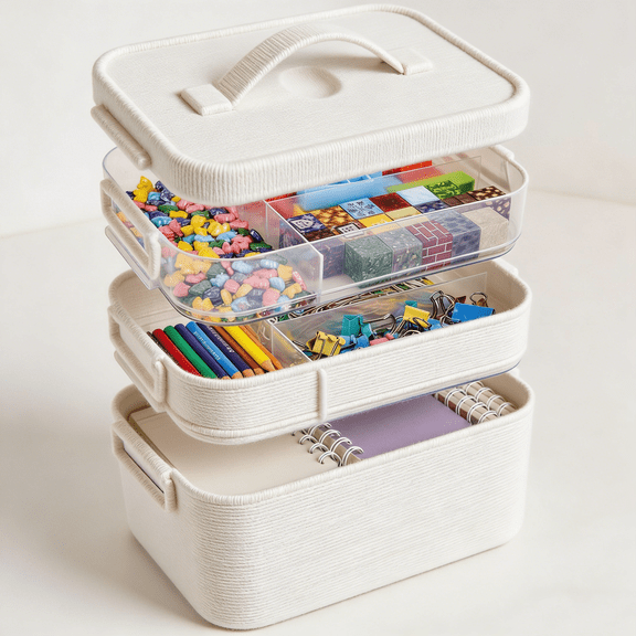 3-Tier Art Supply Storage Container, Stackable Craft Organizer Box with Dividers, Clear Plastic Storage Case for Markers, Coloring Books (Three-Layer)
