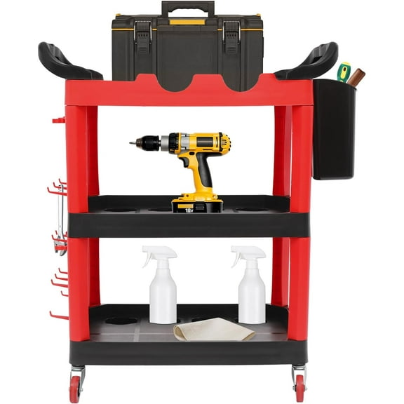 3 Tier Auto Detailing Cart with Wheels, 300LBS Capacity Rolling Utility Cart Free Standing Mobile Cart, Tool Storage Cart with Hooks & Hanging Bucket for Garage, Workshop, Repair Shop