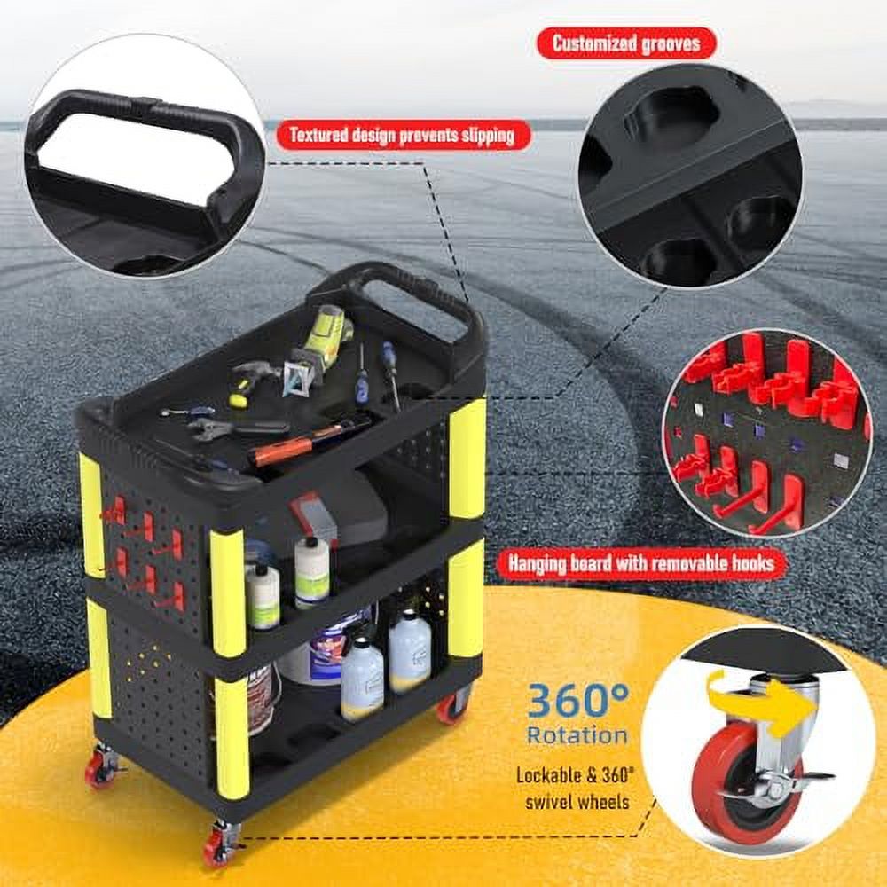 3 Tier Auto Detailing Cart with Wheels, Rolling Detail Cart with Long Hanging Plate & Hooks