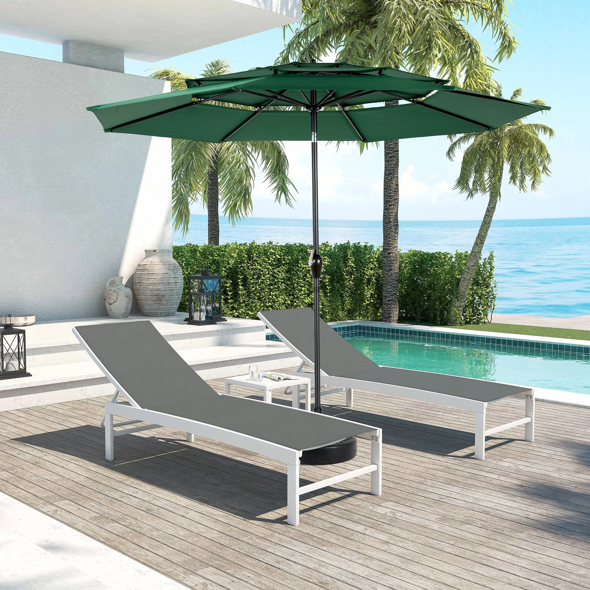 3-Tier Auto-Tilt Outdoor Patio Umbrella 9-Foot, Market Table Umbrella for Deck and Backyard with Crank, Dark Green