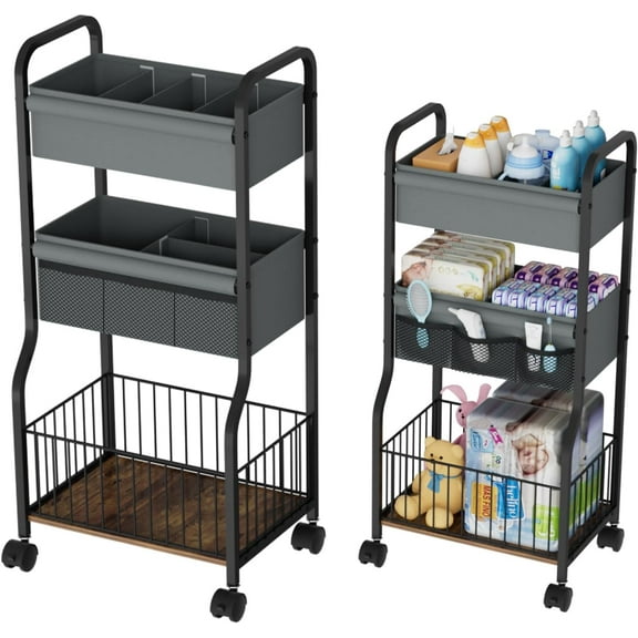 3-Tier Baby Diaper Caddy Cart Organizer, Nursery Organization with with Lockable Wheels & 4+3 Dividers, Durable Metal Utility Cart for Nursery, Bedroom, Bathroom