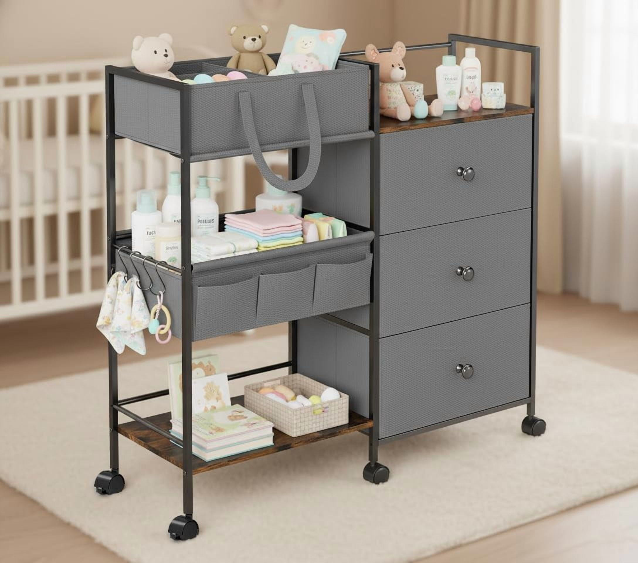 3-Tier Baby Diaper Caddy Organizer with Drawers and Dividers, Large Rolling Storage Cart for Nursery
