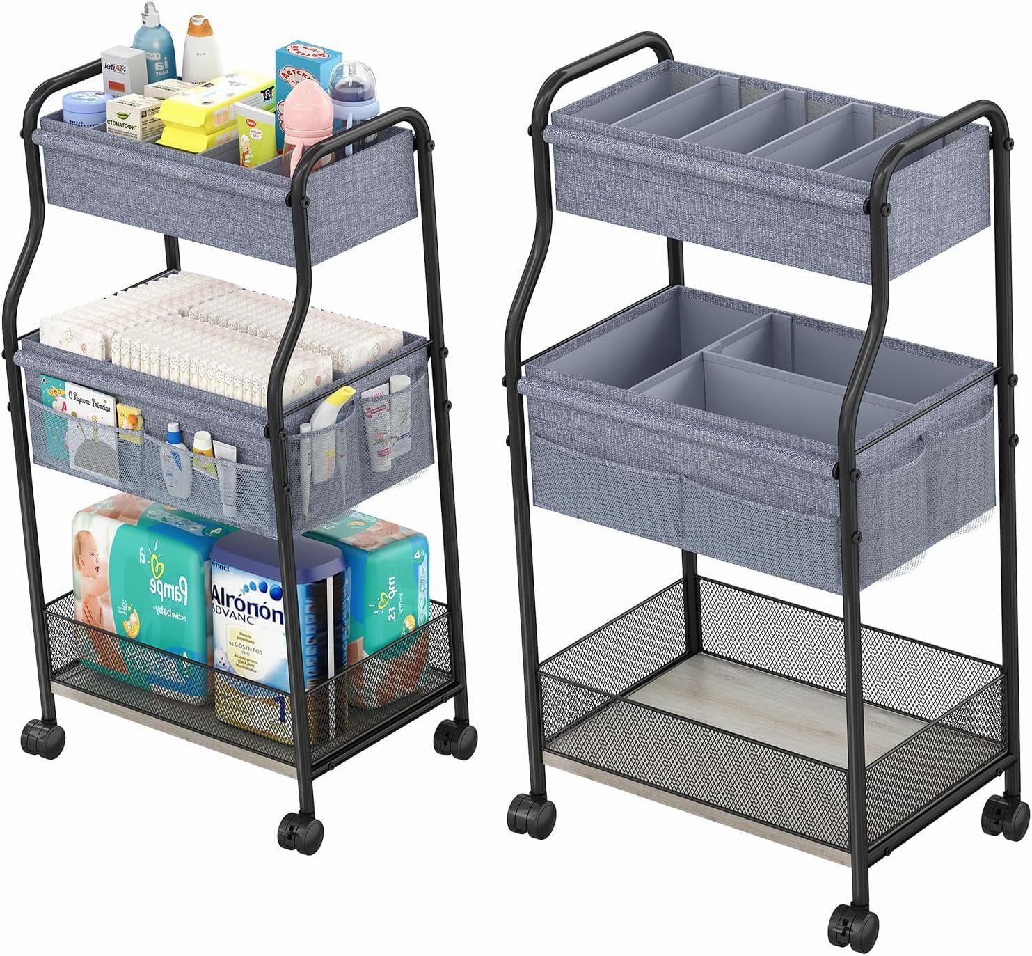 X-COSRACK 3-Tier Rolling Baby Diaper Organizer Cart, Metal Nursery Utility Cart with Wheels & Removable Dividers, Multi-Purpose Storage for Bathroom & Kitchen