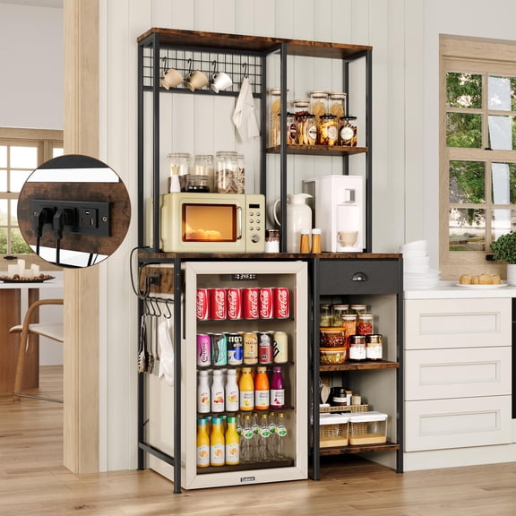 3-Tier Bakers Rack with Mini Fridge, Power Outlet & Storage Drawer