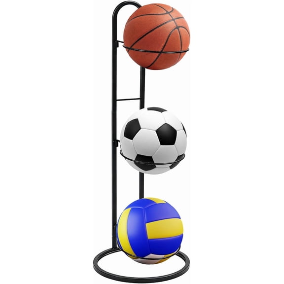 3 Tier Ball Storage Rack, Metal Freestanding Ball Display Holders Organizer Shelf, Garage Sports Equippment Stand, Black