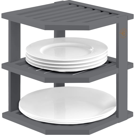 3-Tier Bamboo Corner Shelf Organizer for Cabinets & Countertops, Freestanding Plate & Bowl Rack Stand for Kitchen Pantry Bathroom, Grey