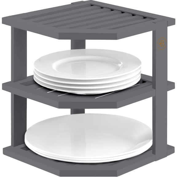 3-Tier Bamboo Corner Shelf Organizer for Cabinets & Countertops, Plate & Bowl Rack Stand for Kitchen, Pantry or Bathroom, Freestanding Space-Saving Corner Storage, Grey