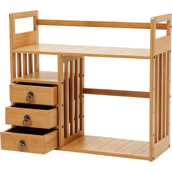 3-Tier Bamboo Desktop Storage Shelf Desk Storage Hutch 3 Drawers Desktop Display Rack Office Storage Rack for Home Office Dorm