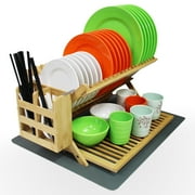3 Tier Bamboo Dish Drying Rack with Utensil Holder, Collapsible Dish Rack, Large Dish Racks for Kitchen Counter, Wooden Folding Dish Drainer with Dish Drying Mat, with Drying Mat