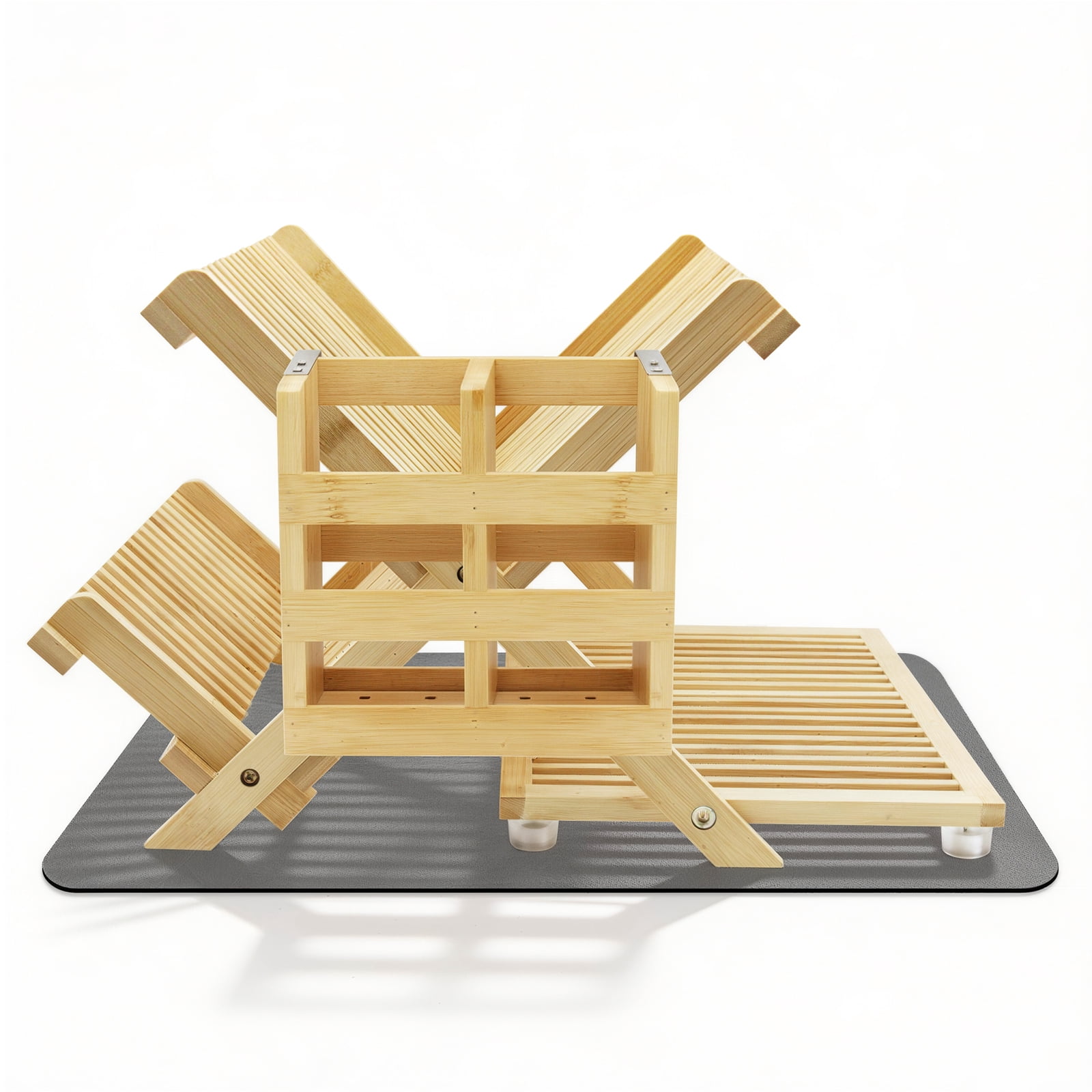 3 Tier Bamboo Dish Drying Rack with Utensil Holder, Collapsible Dish Rack, Large Dish Racks for Kitchen Counter, Wooden Folding Dish Drainer with Dish Drying Ma