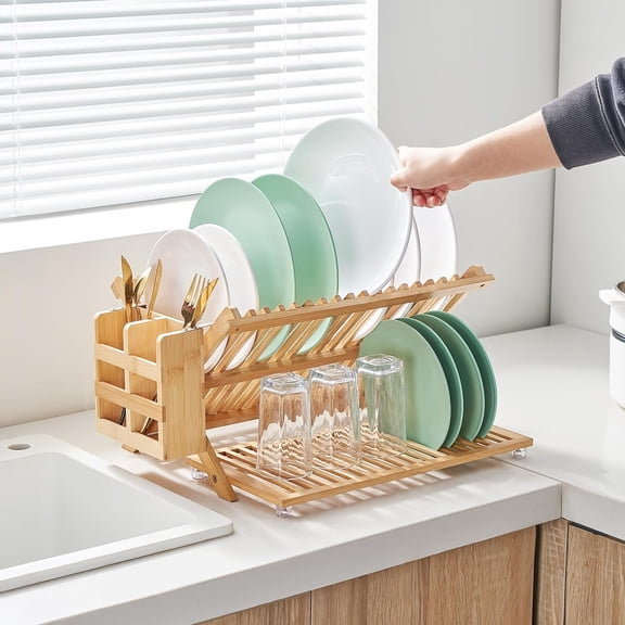 3-Tier Bamboo Dish Drying Rack with Utensil Holder, Collapsible Wooden Drainer for Kitchen Counter