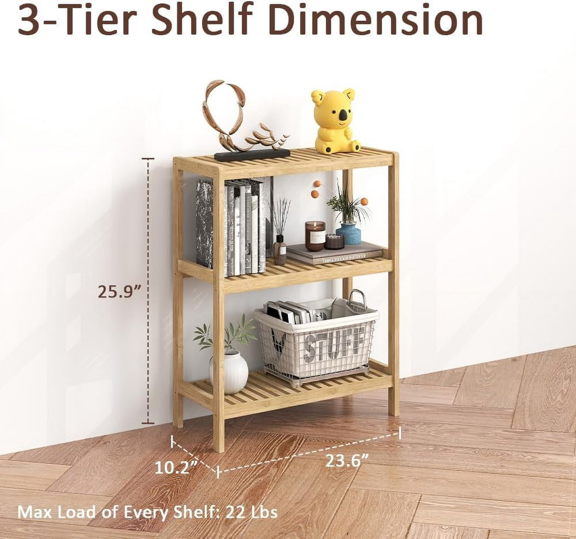 3-Tier Bamboo Freestanding Shelf Unit, Multifunctional Small Bookshelf