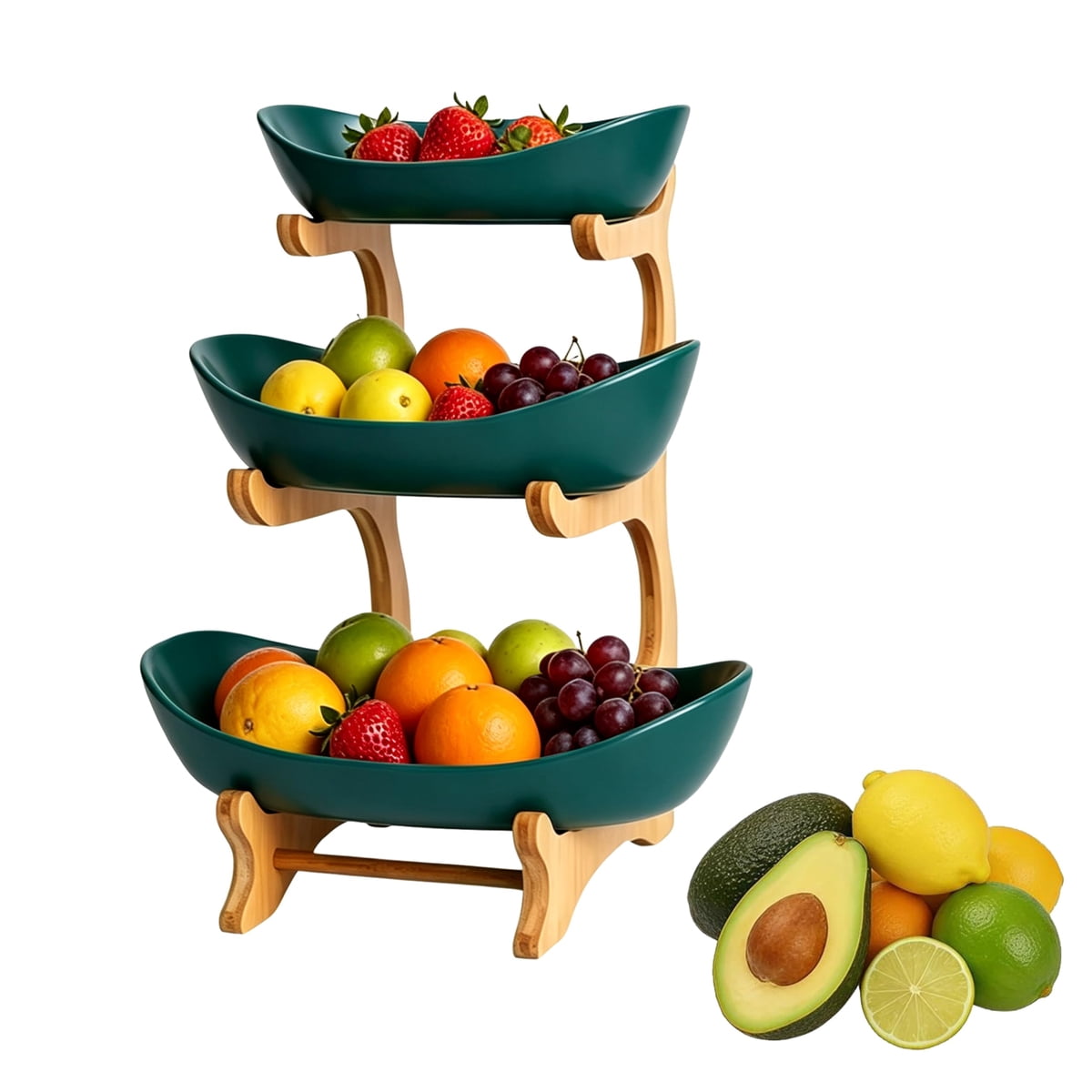 Tiered fruit bowl organizer filled with fresh produce
