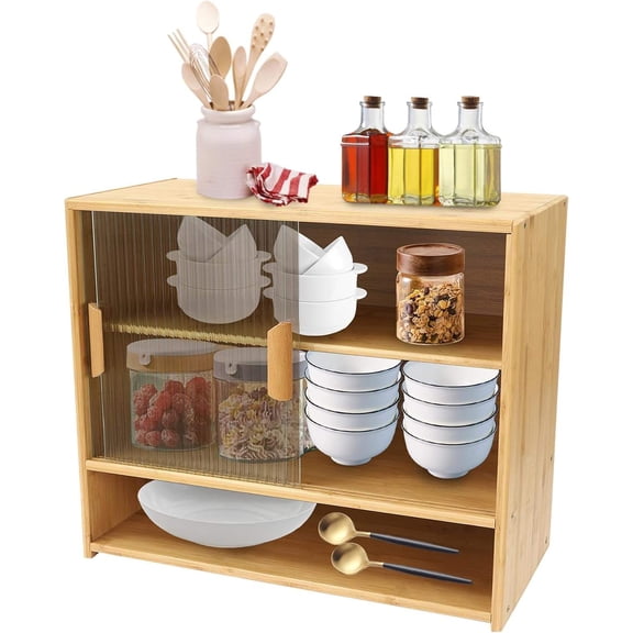3-Tier Bamboo Kitchen Pantry Sideboard with Sliding Striped Glass Doors, Countertop Storage Cabinet for Dishes and Bowls (Log Color)