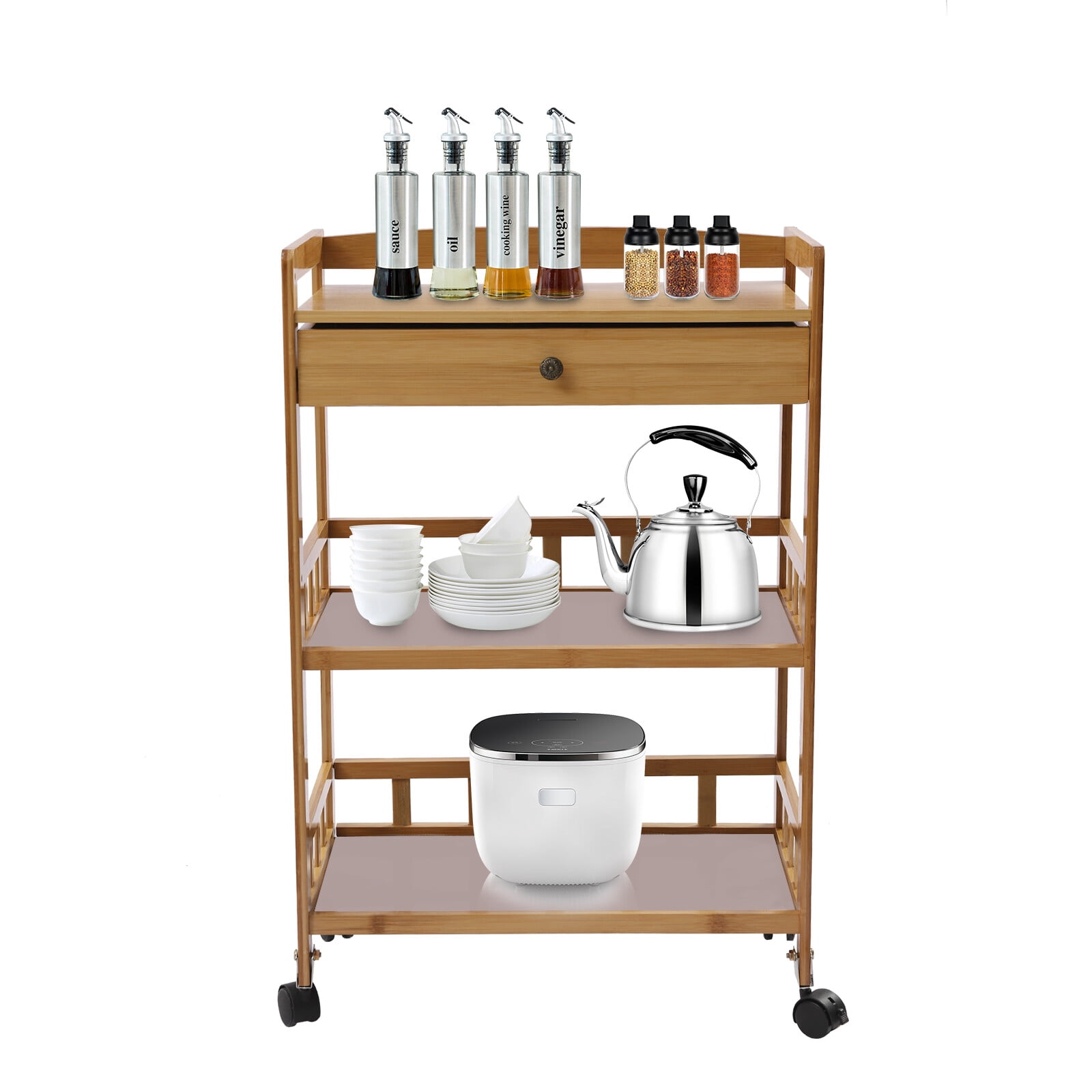 3 Tier Bamboo Kitchen Serving Cart, Rolling Kitchen Island Cart with Storage Drawer, Universal Lockable Casters, Anti-Slip Nets, Food Prepping Cart for Home Dining Room Hotel