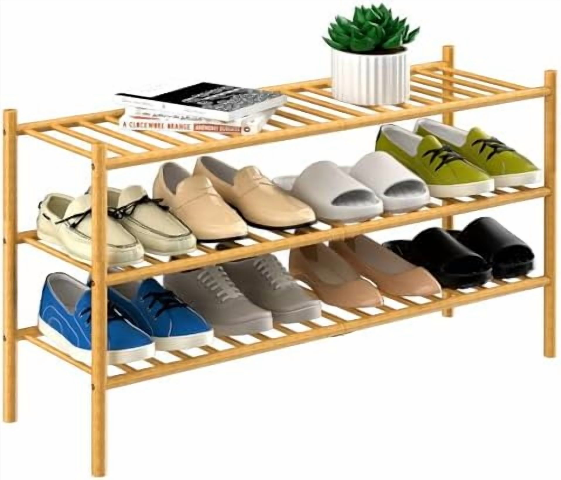 3-Tier Bamboo Long Shoe Rack, Free Standing Wood Shoe Shelf Storage ...