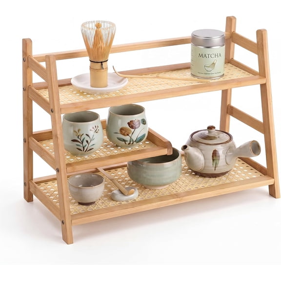 3 Tier Bamboo Matcha Station Organizer 15.7 x 7.3 x 11.3 Inch Countertop Tea Bar Shelf with Rattan-style Shelves for Matcha Powder Tins Whisk Scoop Cups Space Saving Kitchen Storage Rack
