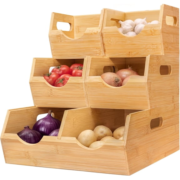 3-Tier Bamboo Pantry Storage Bins Set of 5 with Handles for Potatoes Onions Fruit and Produce Organization