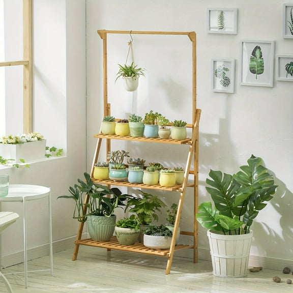 3-Tier Bamboo Plant Stand – Foldable Indoor/Outdoor Wooden Plant Shelf, Space-Saving Display Rack with Irregular Design, Sturdy Organizer for Home, Patio, Balcony, and Apartment Decor
