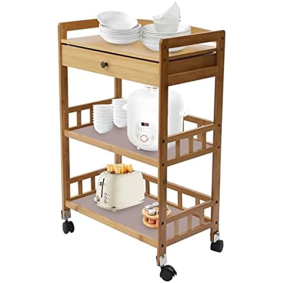 3-Tier Bamboo Rolling Cart, 21x12in Wooden Kitchen Serving Cart with Drawer Storage, 150Lbs Raised Enclosures Tea Carts On Wheels Utility Carts for Home Bar Living Dining Room