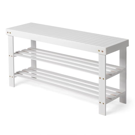 3 Tier Bamboo Shoe Rack Bench, Bamboo Shoe Storage Organizer Shelf, Shoes Stand for Entryway, Hallway, Bedroom, Living Room, Bathroom, Balcony, Holds Up to 300 lb, 11 x 35 x 17inch