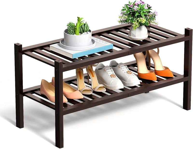 3 Tier Bamboo Shoe Rack for Closet Stackable Wooden Shoe Organizer Free ...
