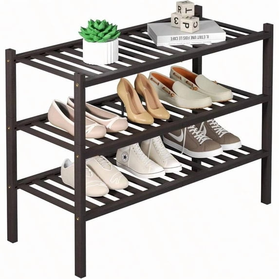 3 Tier Bamboo Shoe Rack For Closet Free Standing Wood Shoe Shelf Storage Organizer For Entryway Small Space Stackable 27"X11"X20"