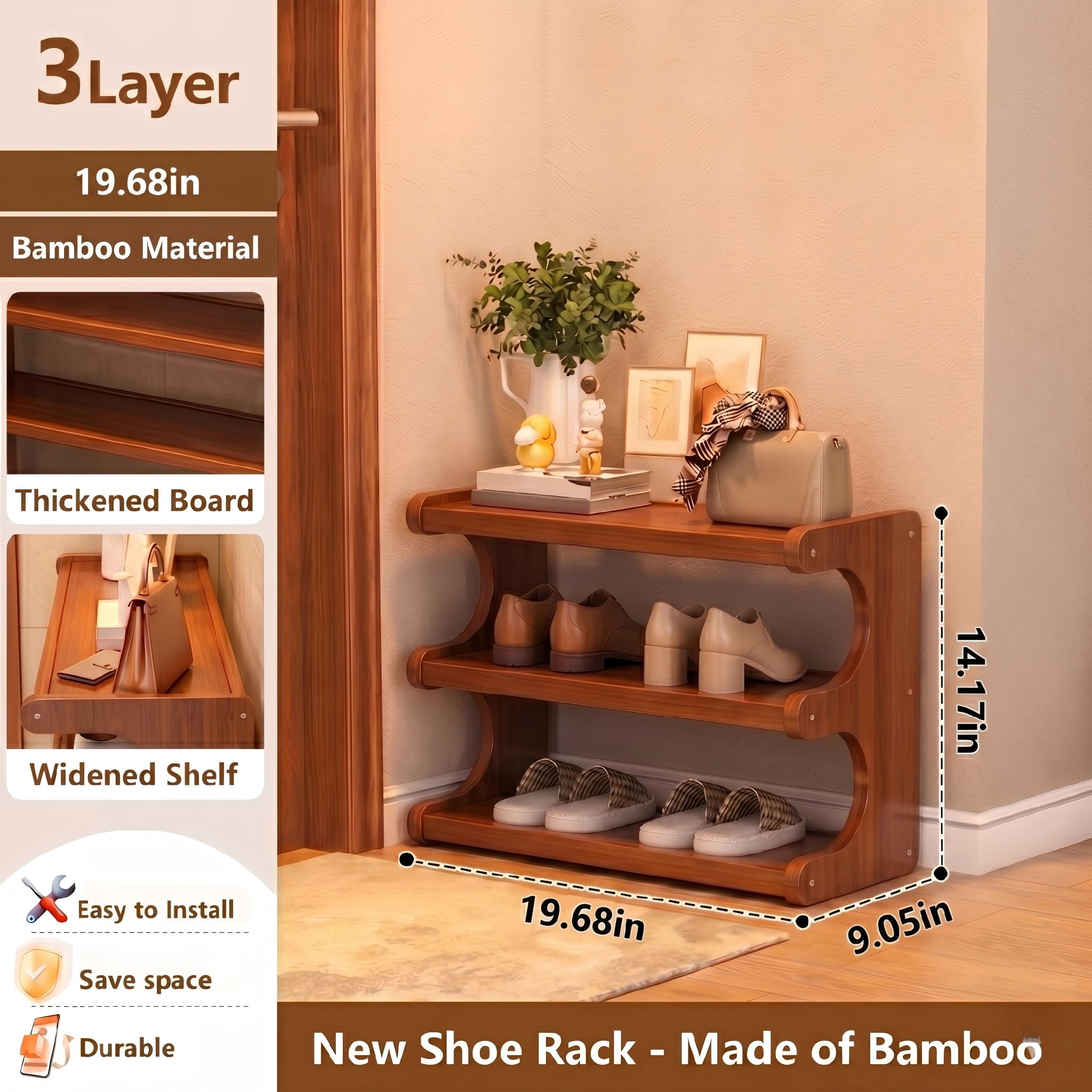 3-Tier Bamboo Shoe Rack Organizer, Multi-Tier Sturdy Shoe Storage Shelf for Entryway, Closet