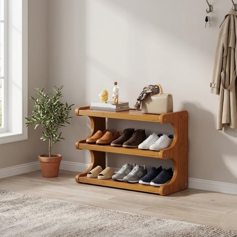3-Tier Bamboo Shoe Rack, Space-Saving Shoe Organizer for Entryway, Multifunctional Display Shelf, Free Standing Shoe Organizer Shelf