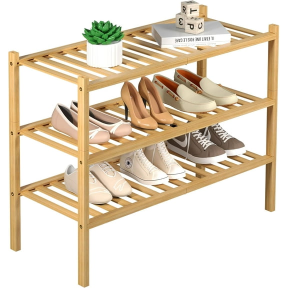 3 Tier Bamboo Shoe Rack for Closet Free Standing Wood Shelf Storage Organizer Entryway Small Space Stackable 27"x11"x20" (Natural)
