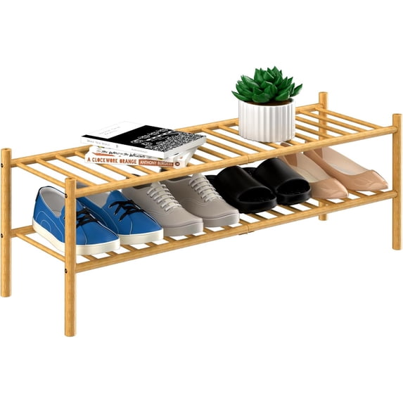 3 Tier Bamboo Shoe Rack for Closet Free Standing Wood Shoe Shelf Storage Organizer for Entryway Small Space Stackable 27"x11"x20" (Black)
