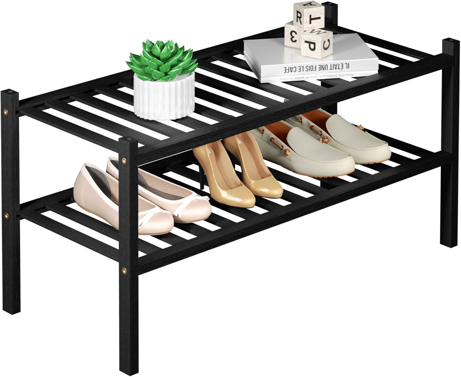 3 Tier Bamboo Shoe Rack for Closet Free Standing Wood Shoe Shelf Storage Organizer for Entryway Small Space Stackable 27"x11"x20" (Black)