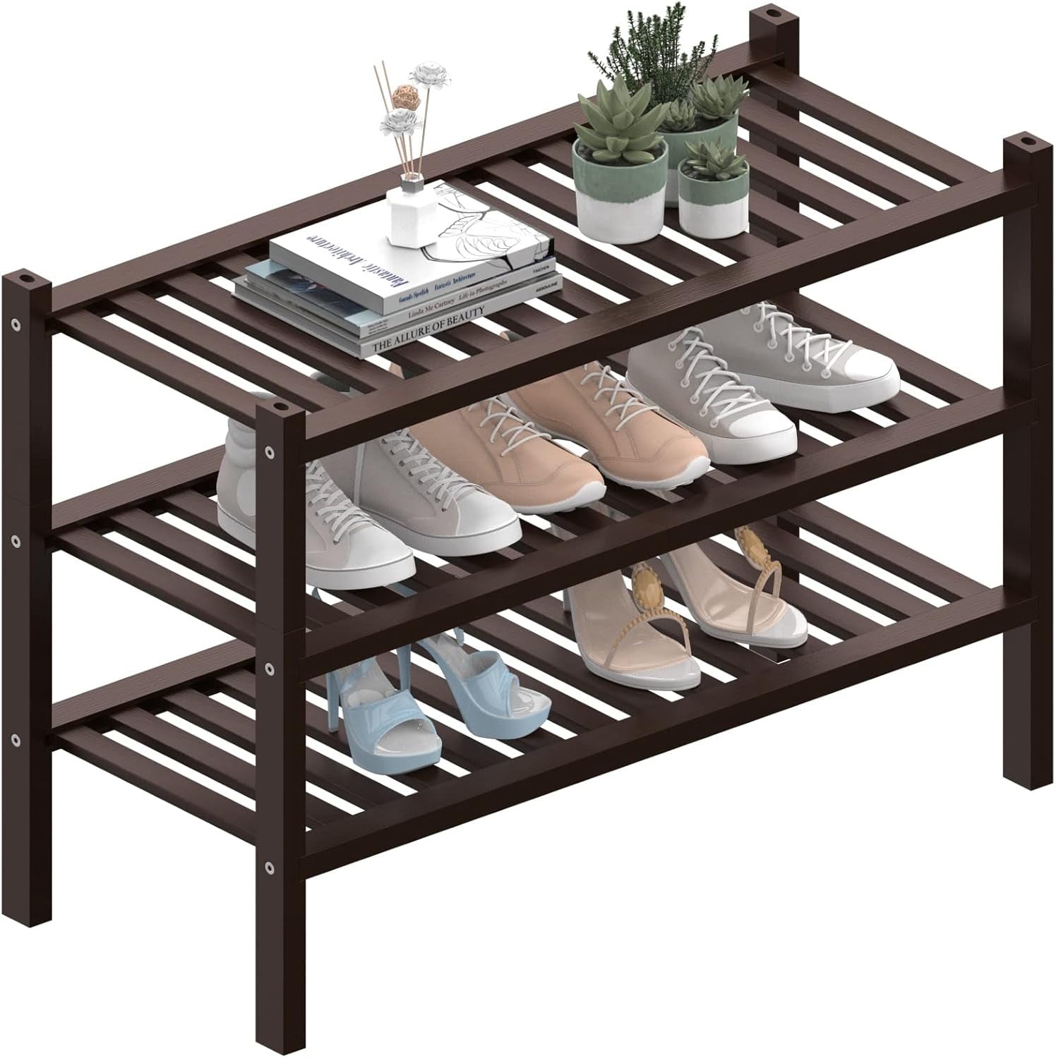 3 Tier Bamboo Shoe Rack for Closet Free Standing Wood Shoe Shelf ...