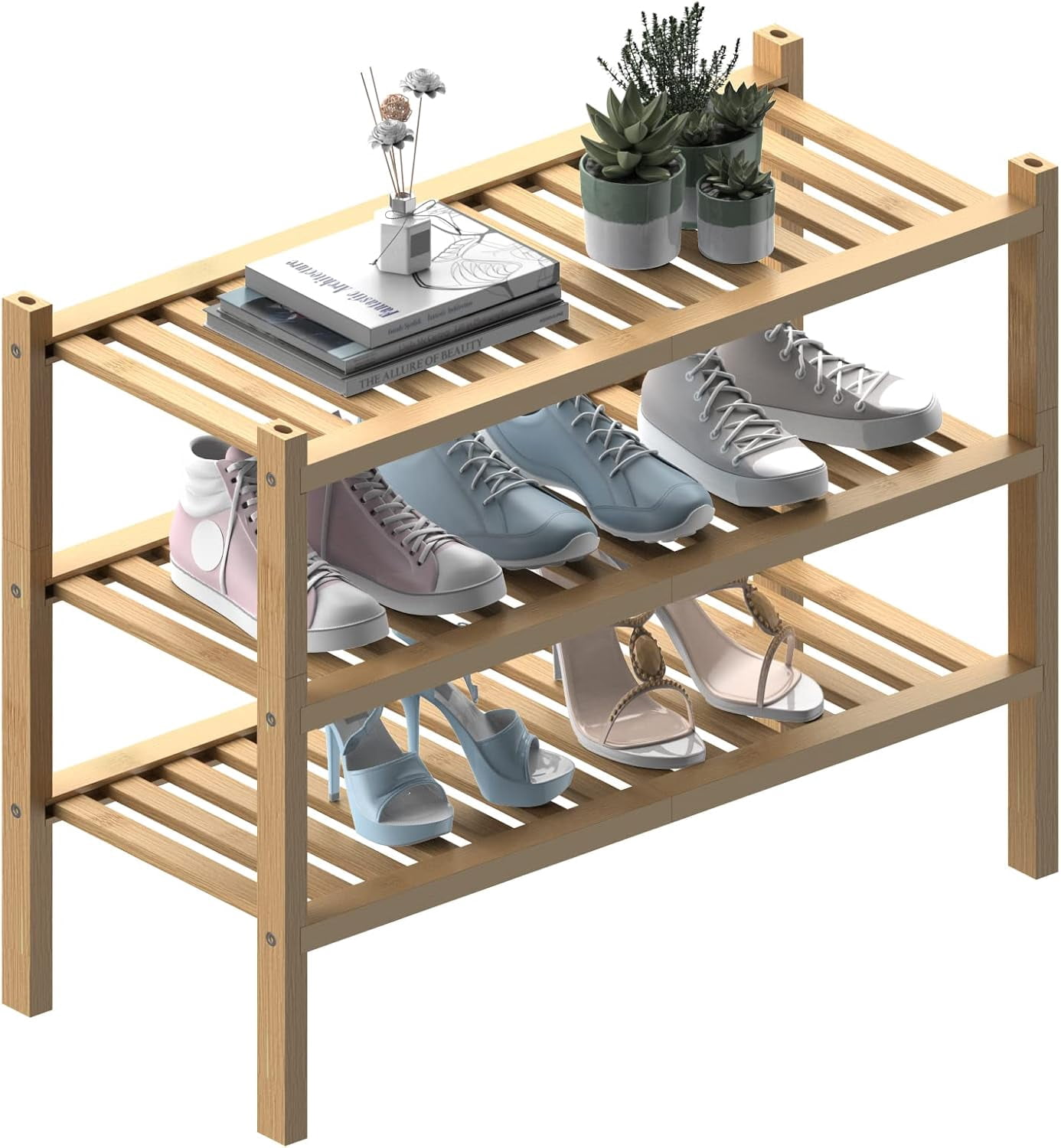3 Tier Bamboo Shoe Rack for Closet Free Standing Wood Shoe Shelf ...