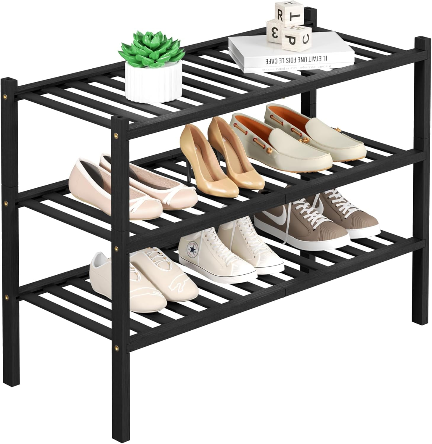 3 Tier Bamboo Shoe Rack for Closet Free Standing Wood Shoe Shelf ...
