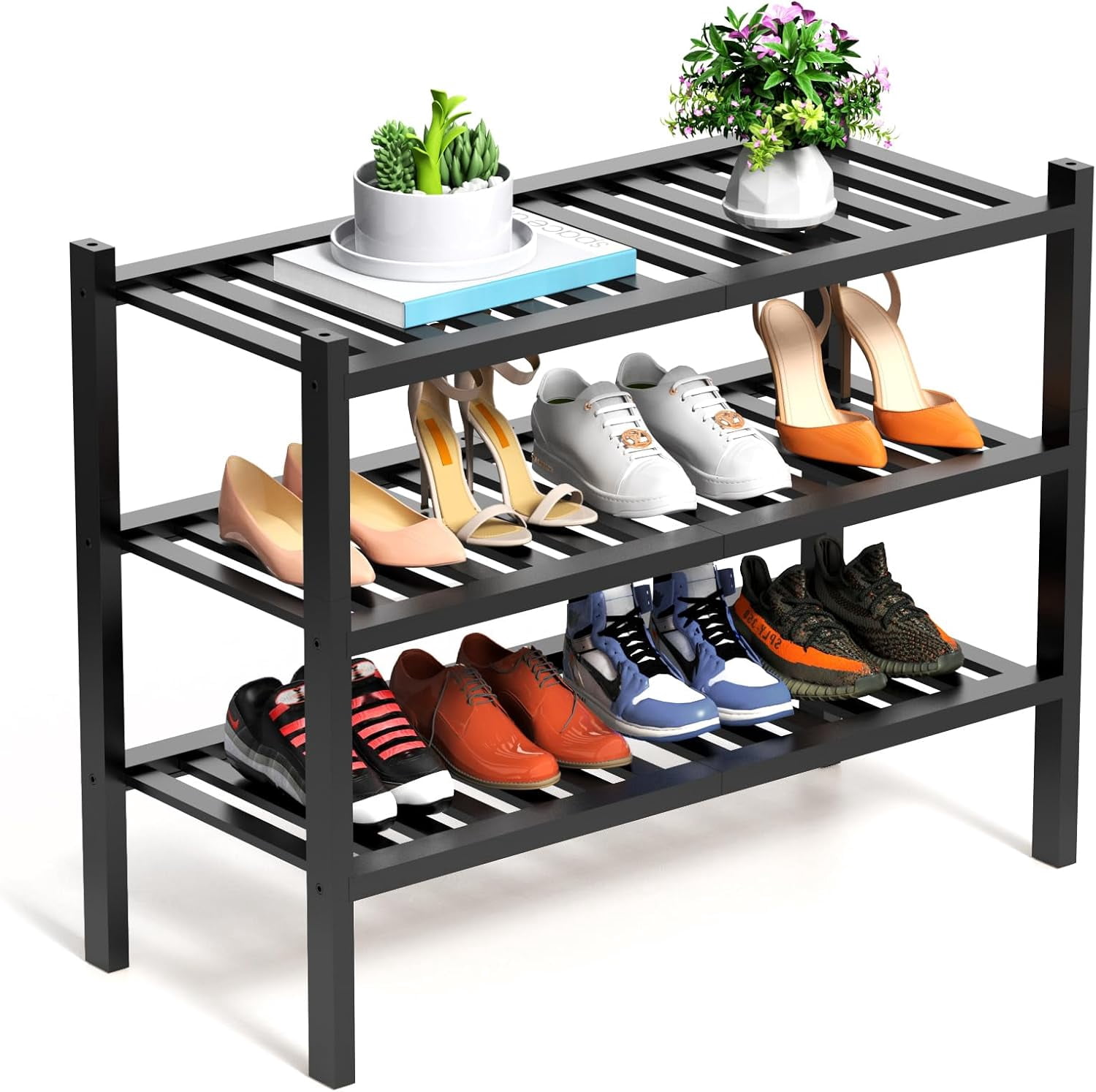 Stackable Standing Shoe Storage 3 Tier Bamboo Shoe Rack for Closet Free Standing Wood Shoe Shelf ...