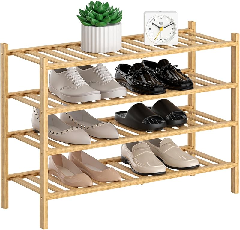 3-Tier Bamboo Shoe Rack for Closet, Stackable Wooden Shoe Organizer ...